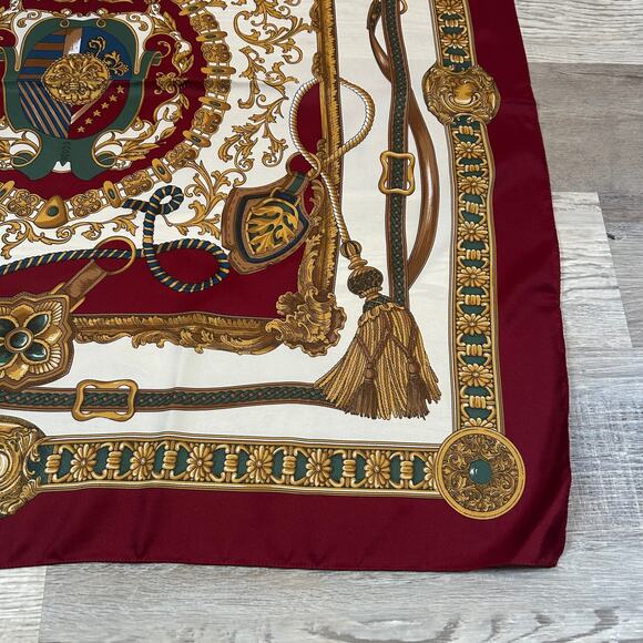 Vintage Italian Baroque Print Scarf Burgundy Gold Equestrian Chain 35x35 - Picture 3 of 7